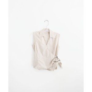 Lorenzini Tan White Gingham Check Cotton Sleeveless Collared Wrap Top I US S